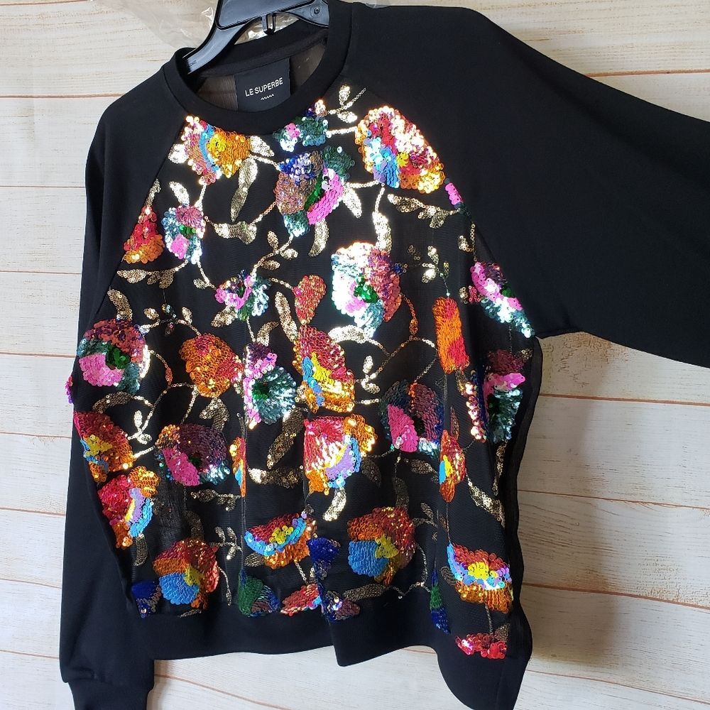 Le Superbe Glam Garden Sequined Sheer Round Neck Sweatshirt Top Women's Medium - Picture 8 of 12
